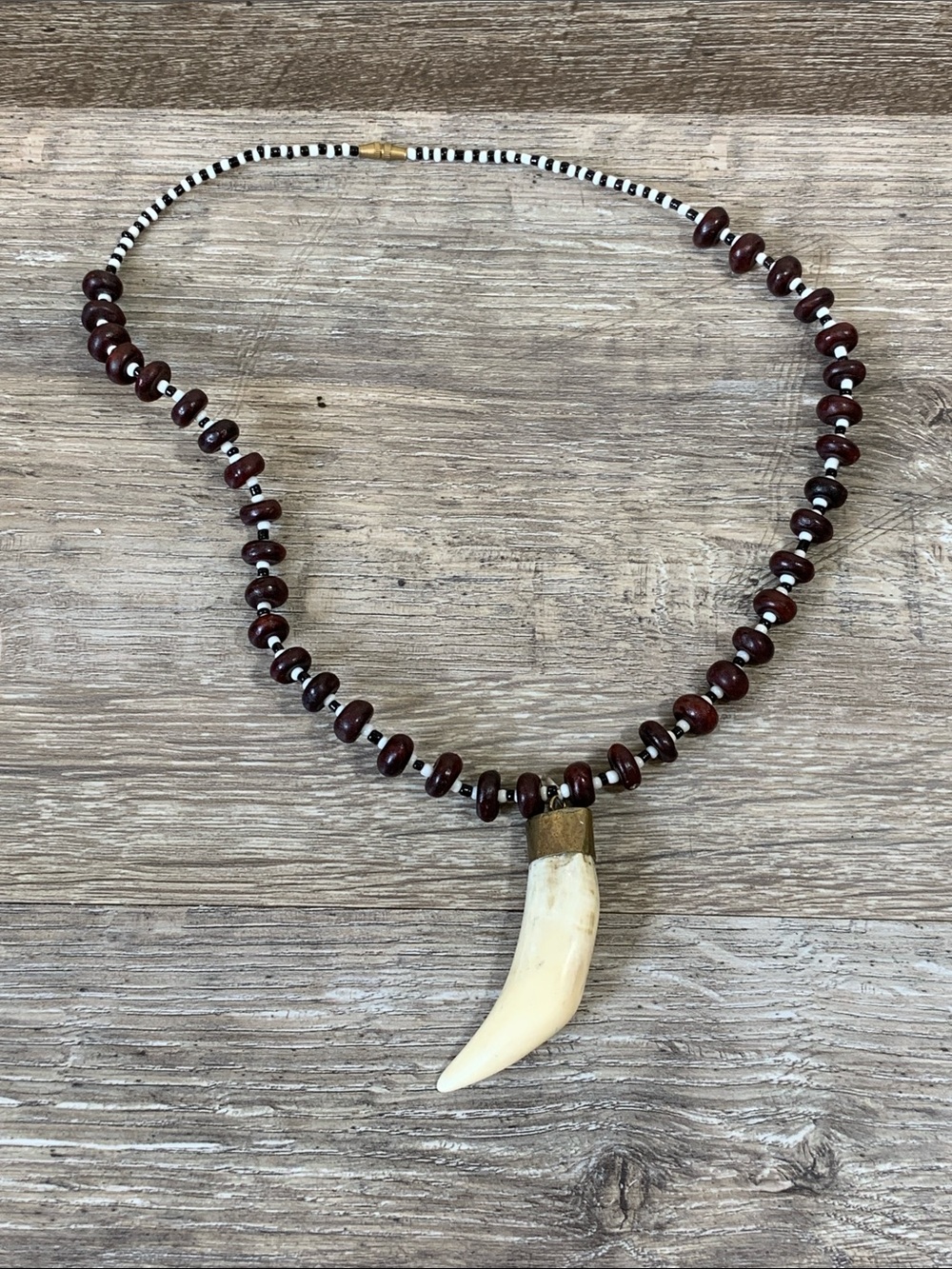 Handmade Brown Bead Necklace with Cream Horn Pendant